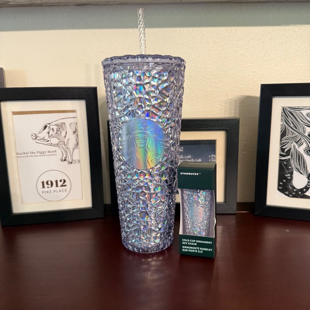 Starbucks Gem Iridescent Diamond Textured Tumbler 24 Oz With Matching Ornament